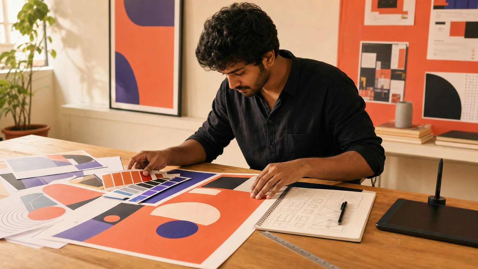 Graphic designer arranging poster layouts and color swatches