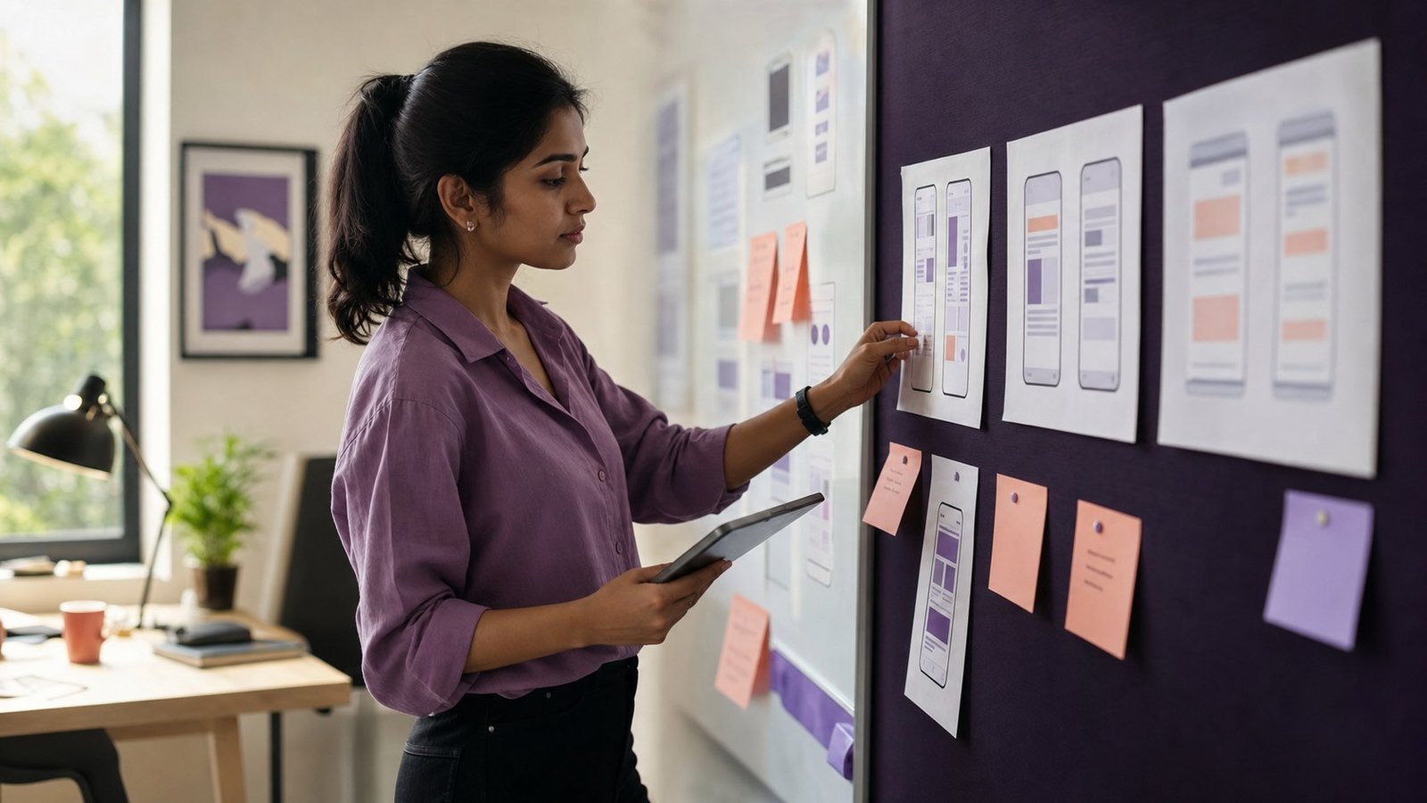 UX designer reviewing mobile wireframes and research notes