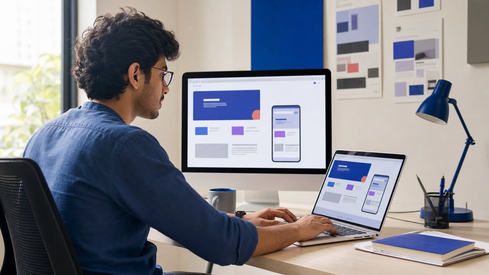 Senior designer working with AI-assisted UI mockups on a laptop and monitor